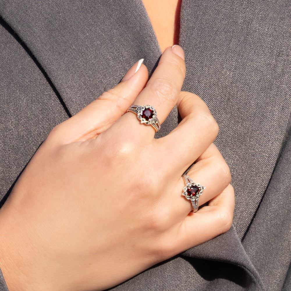 Art Deco Style Pear Garnet & Marcasite Ring in Sterling Silver