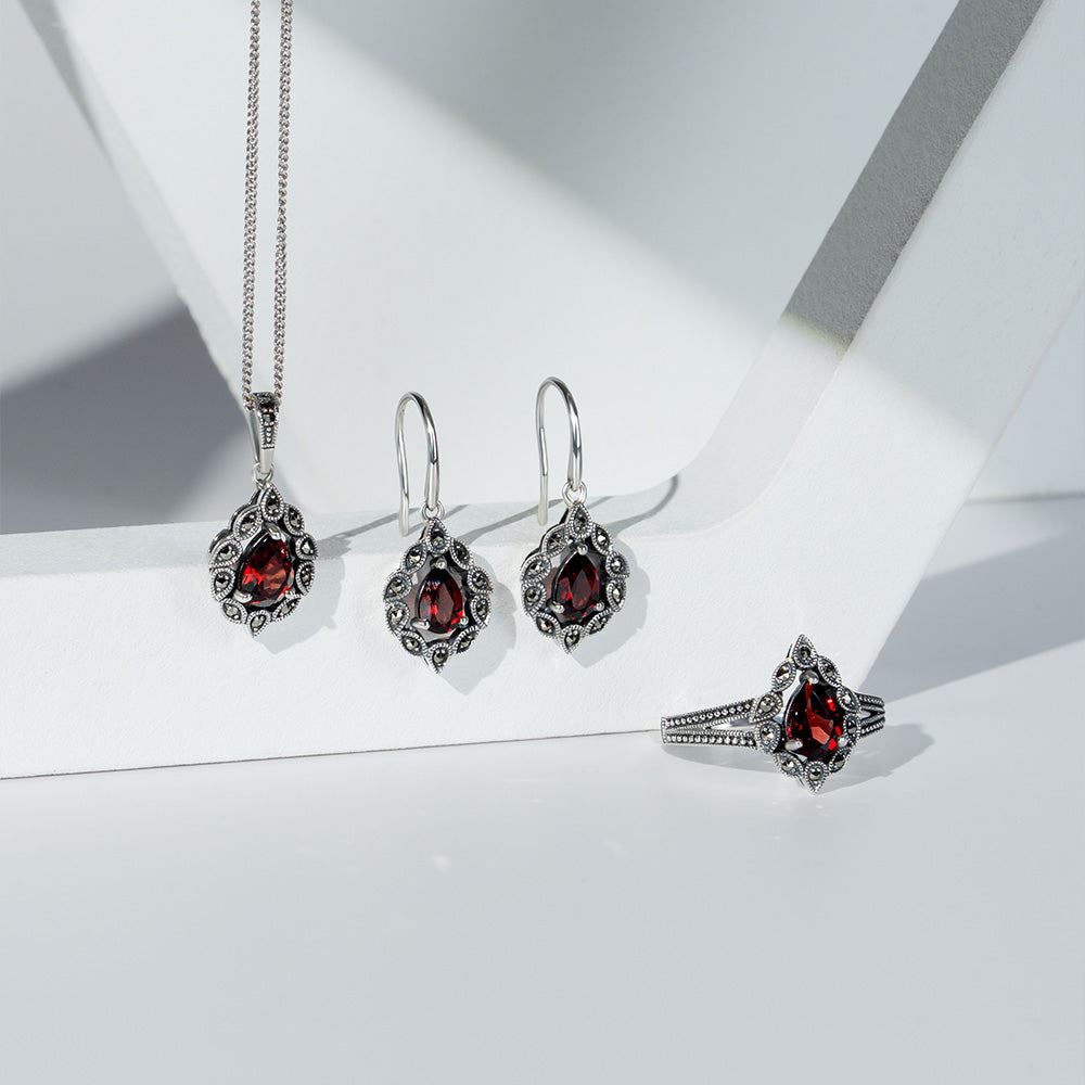 Art Deco Style Pear Garnet & Marcasite Drop Earrings in Sterling Silver
