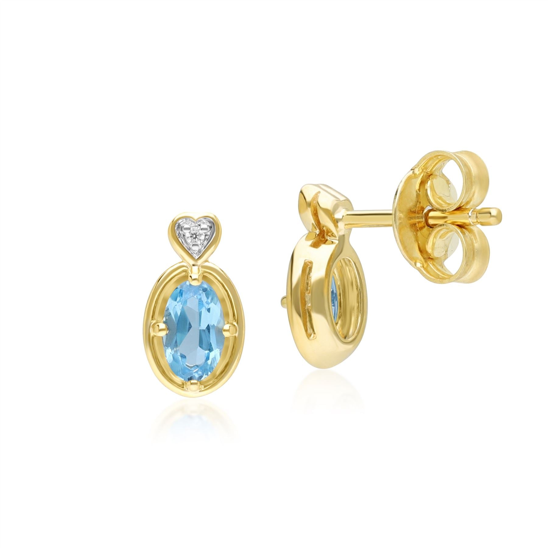 Classic Oval Topaz & Diamond Heart Stud Earrings In 9ct Yellow Gold