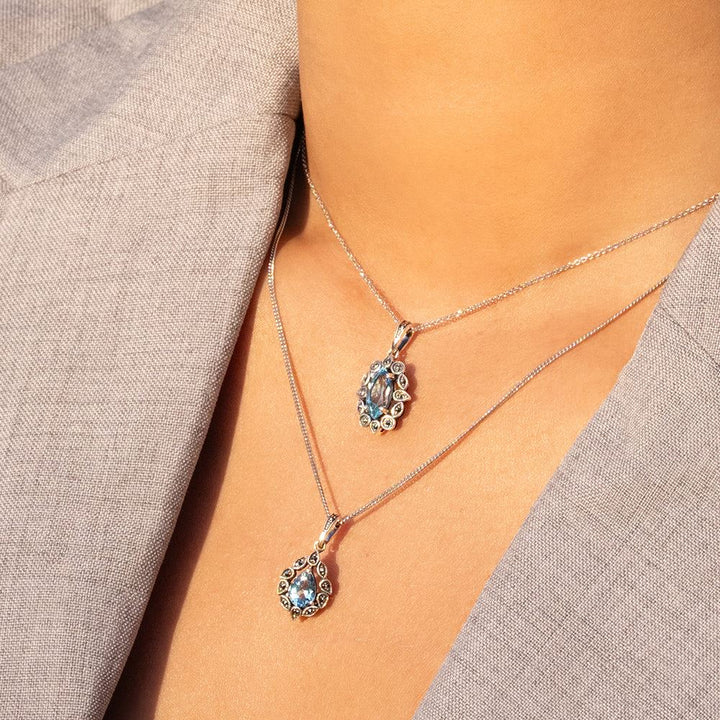 Art Deco Style Marquise Blue Topaz & Marcasite Pendant Necklace in Sterling Silver