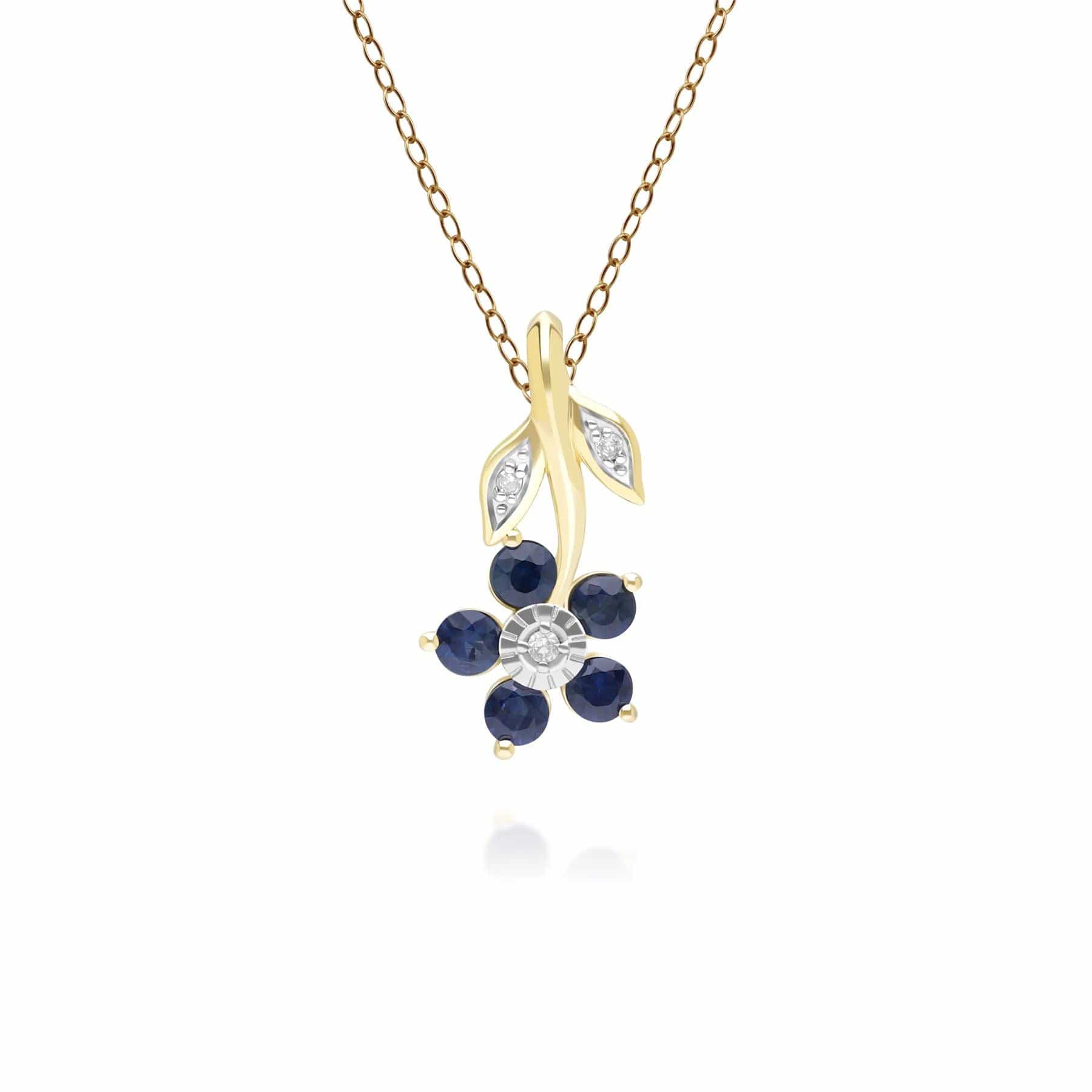 Floral Sapphire & Diamond Pendant Necklace in 9ct Yellow Gold