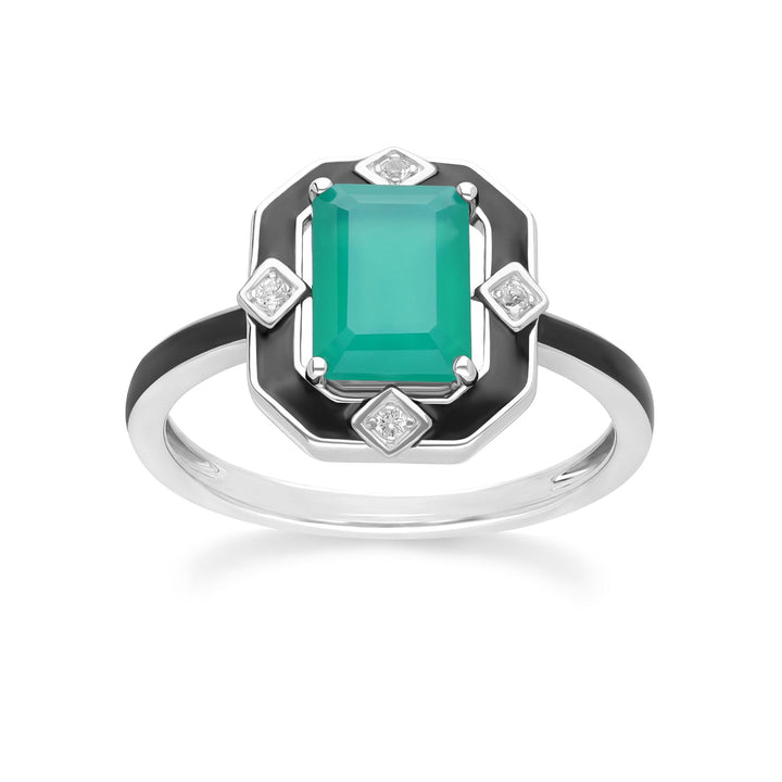 Grand Deco Black Enamel, Green Chalcedony & Topaz Ring in Sterling Silver