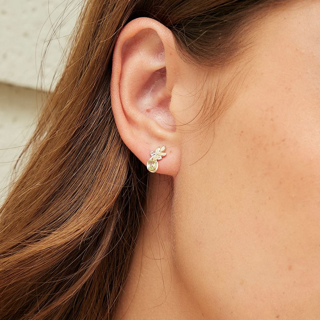 135E1859019 O Leaf Peridot & Diamond Stud Earrings In 9ct Yellow Gold On Model