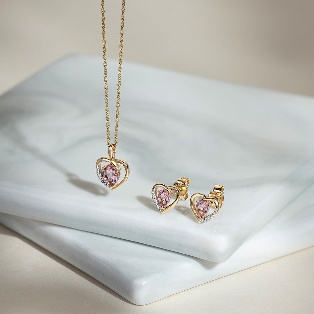 Classic Pear Pink Tourmaline & Diamond Heart Pendant Necklace In 9ct Yellow Gold