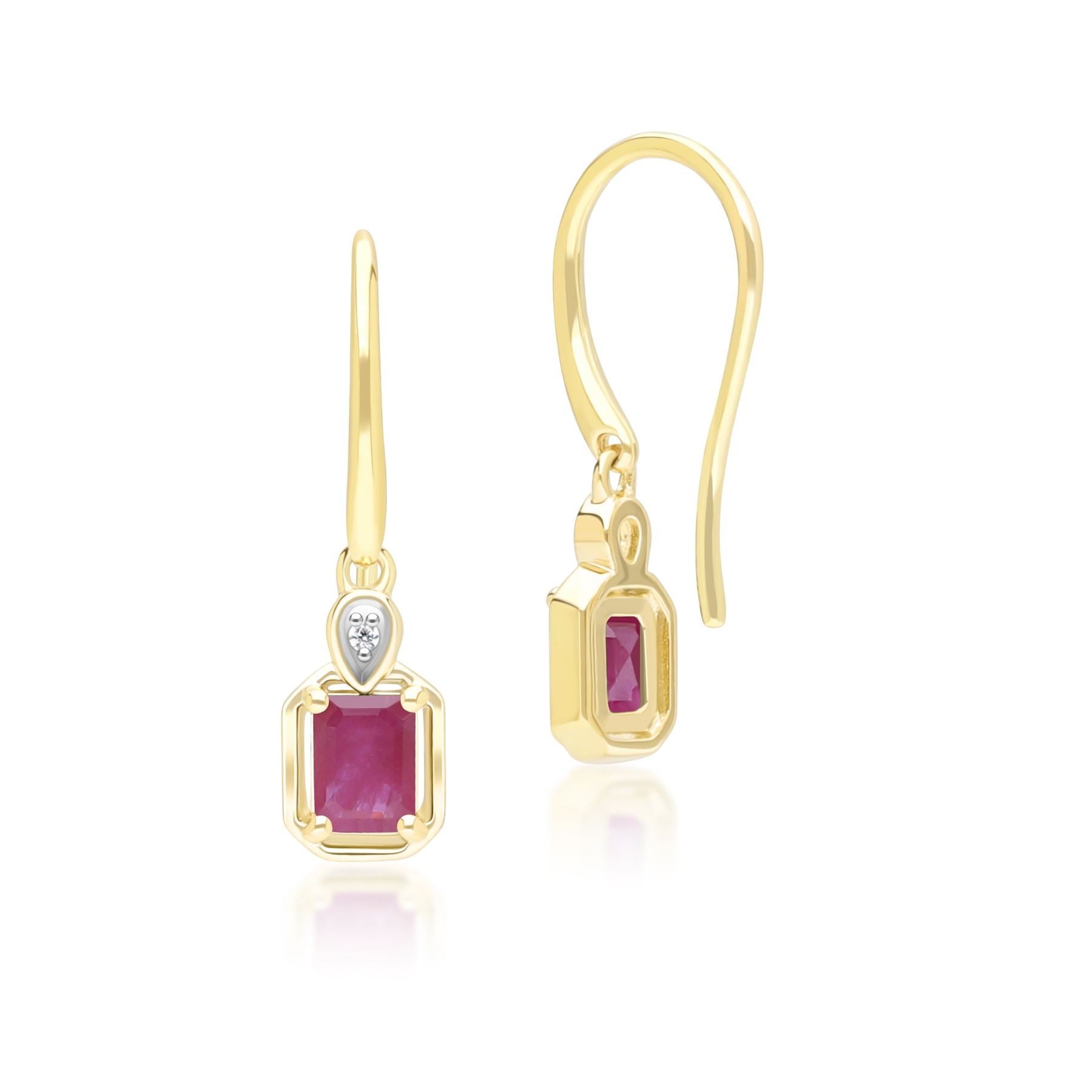 Classic Ruby Baguette & Diamond Drop Earrings In 9ct Yellow Gold