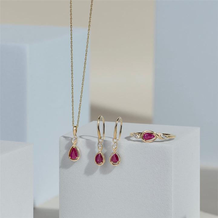 Classic Pear Ruby & Diamond Drop Earrings In 9ct Yellow Gold