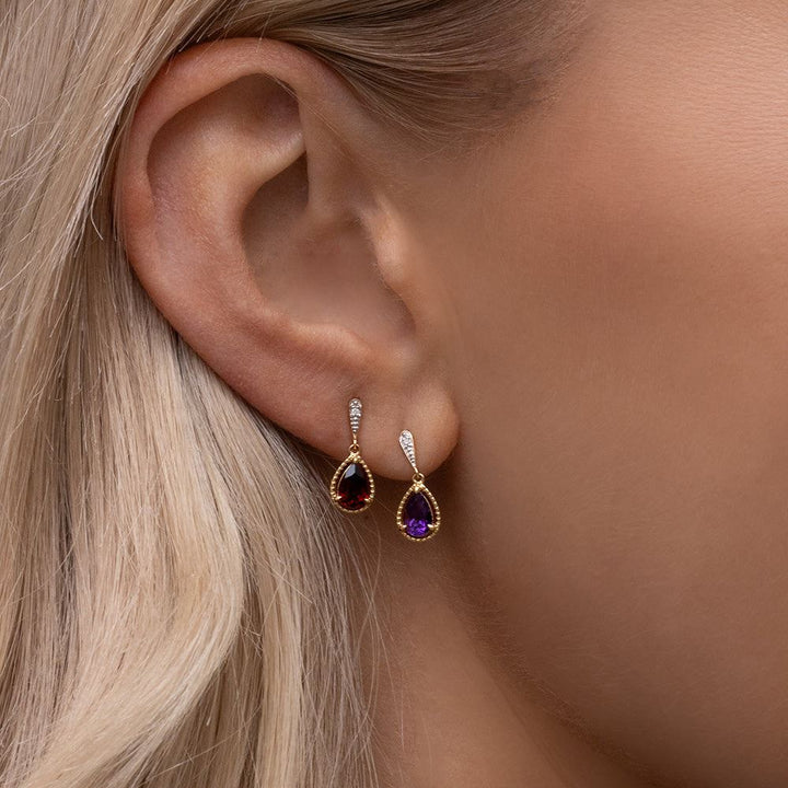 classic-pear-garnet-diamond-drop-earrings-in-9ct-yellow-gold-135e1912049 on Model