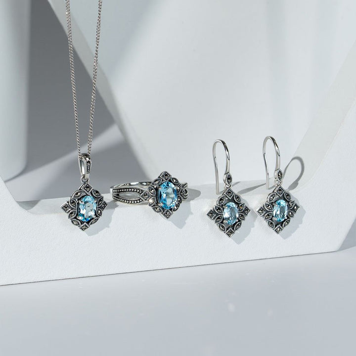 Art Deco Style Oval Blue Topaz & Marcasite Ring in Sterling Silver