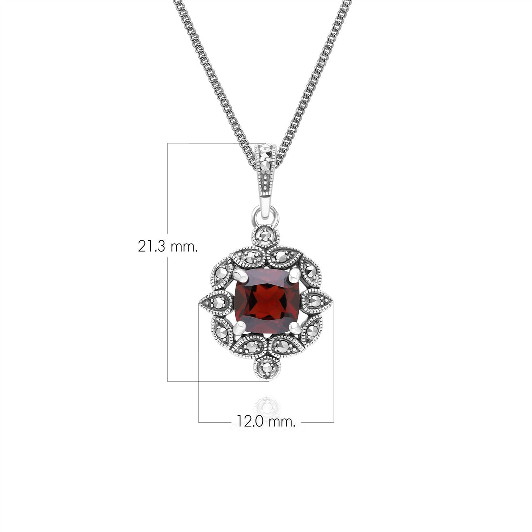 Art Deco Style Cushion Garnet & Marcasite Pendant Necklace in Sterling Silver