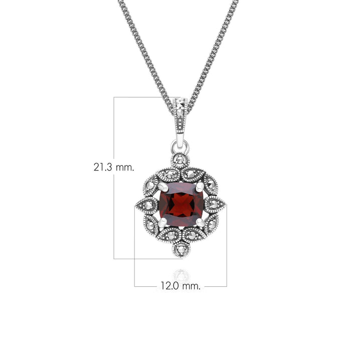 Art Deco Style Cushion Garnet & Marcasite Pendant Necklace in Sterling Silver