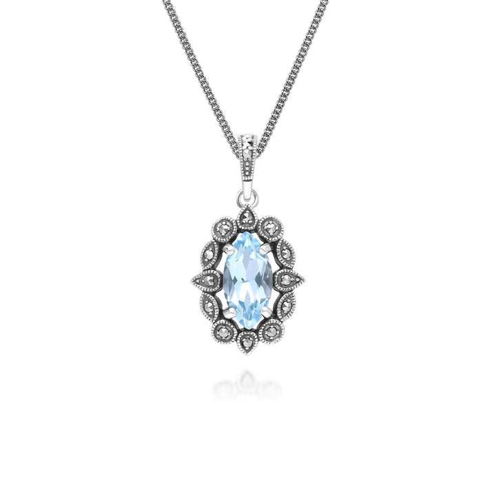 Art Deco Style Marquise Blue Topaz & Marcasite Pendant Necklace in Sterling Silver