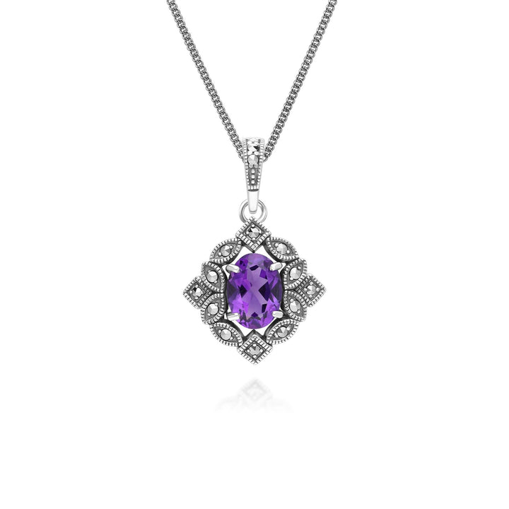 Art Deco Style Oval Amethyst & Marcasite Pendant Necklace in Sterling Silver