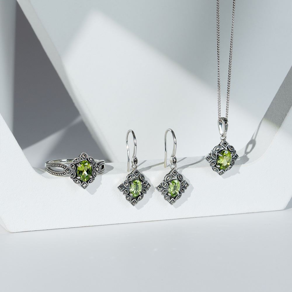 Art Deco Style Oval Peridot & Marcasite Pendant Necklace in Sterling Silver