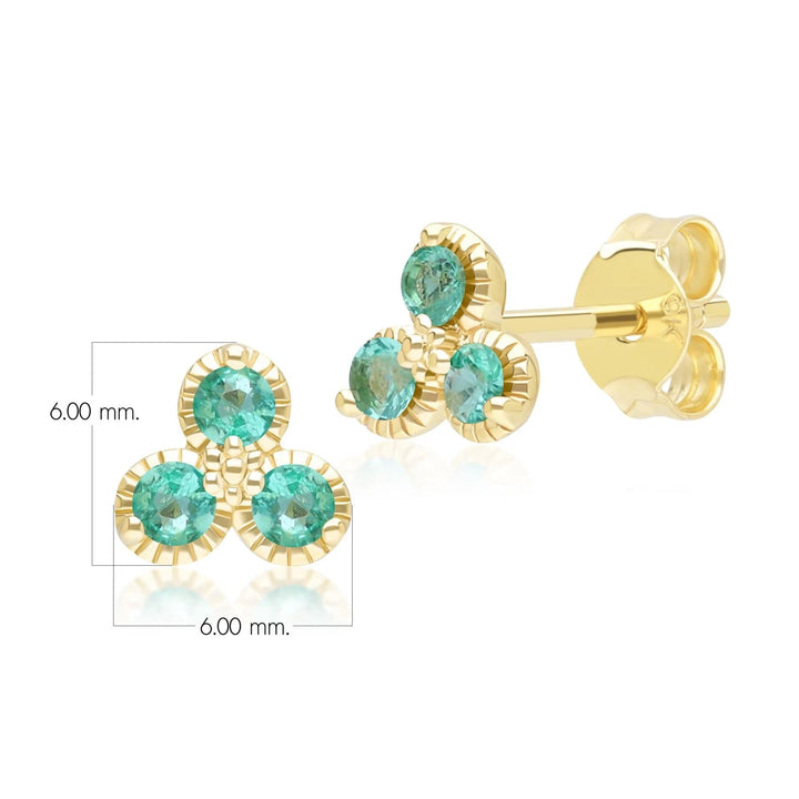 Floral Emerald Three Stone Stud Earrings in 9ct Yellow Gold