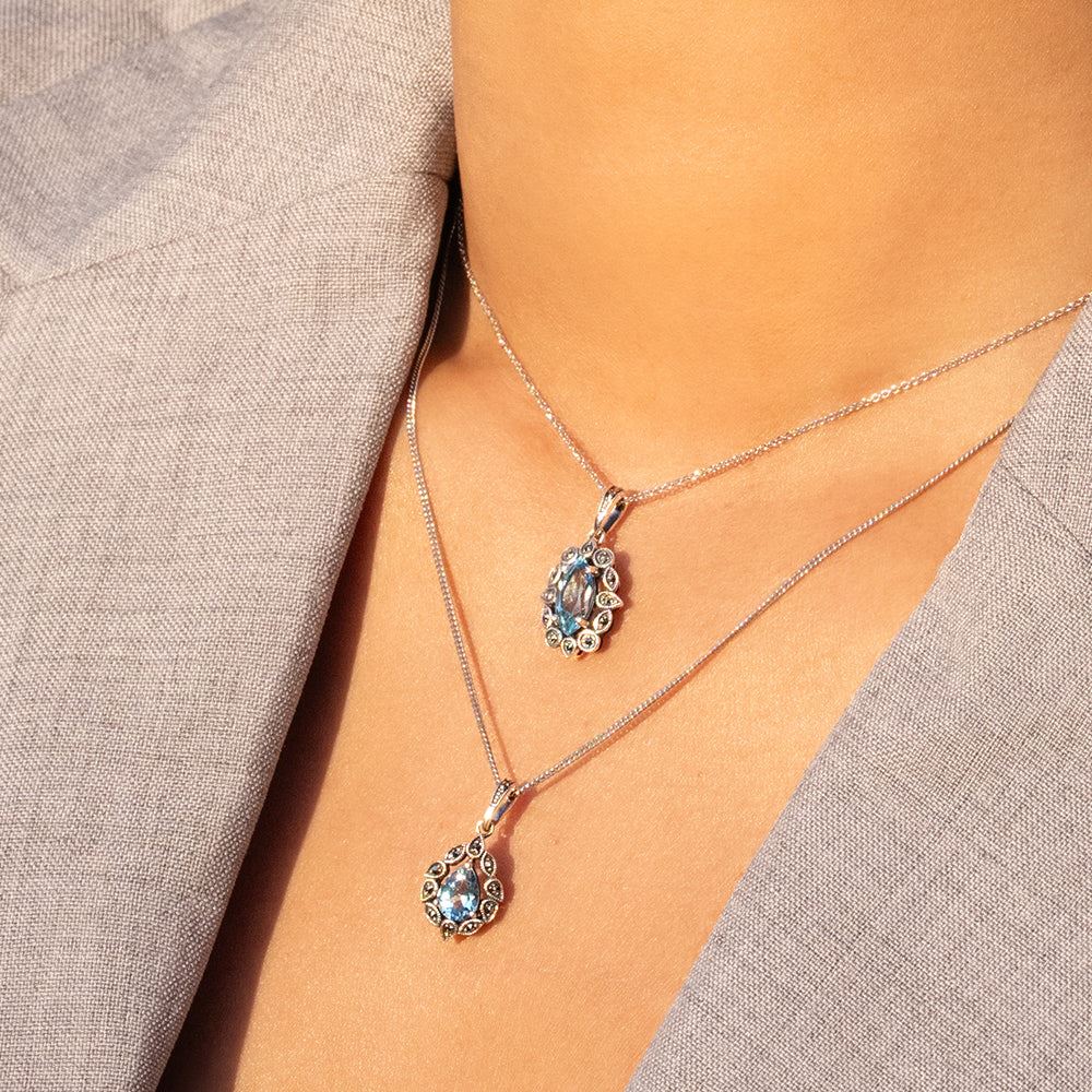 Art Deco Style Pear Blue Topaz & Marcasite Pendant Necklace in Sterling Silver