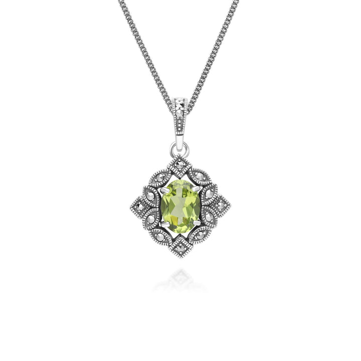 Art Deco Style Oval Peridot & Marcasite Pendant Necklace in Sterling Silver