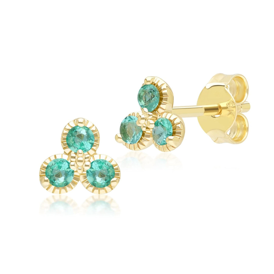 Floral Emerald Three Stone Stud Earrings in 9ct Yellow Gold
