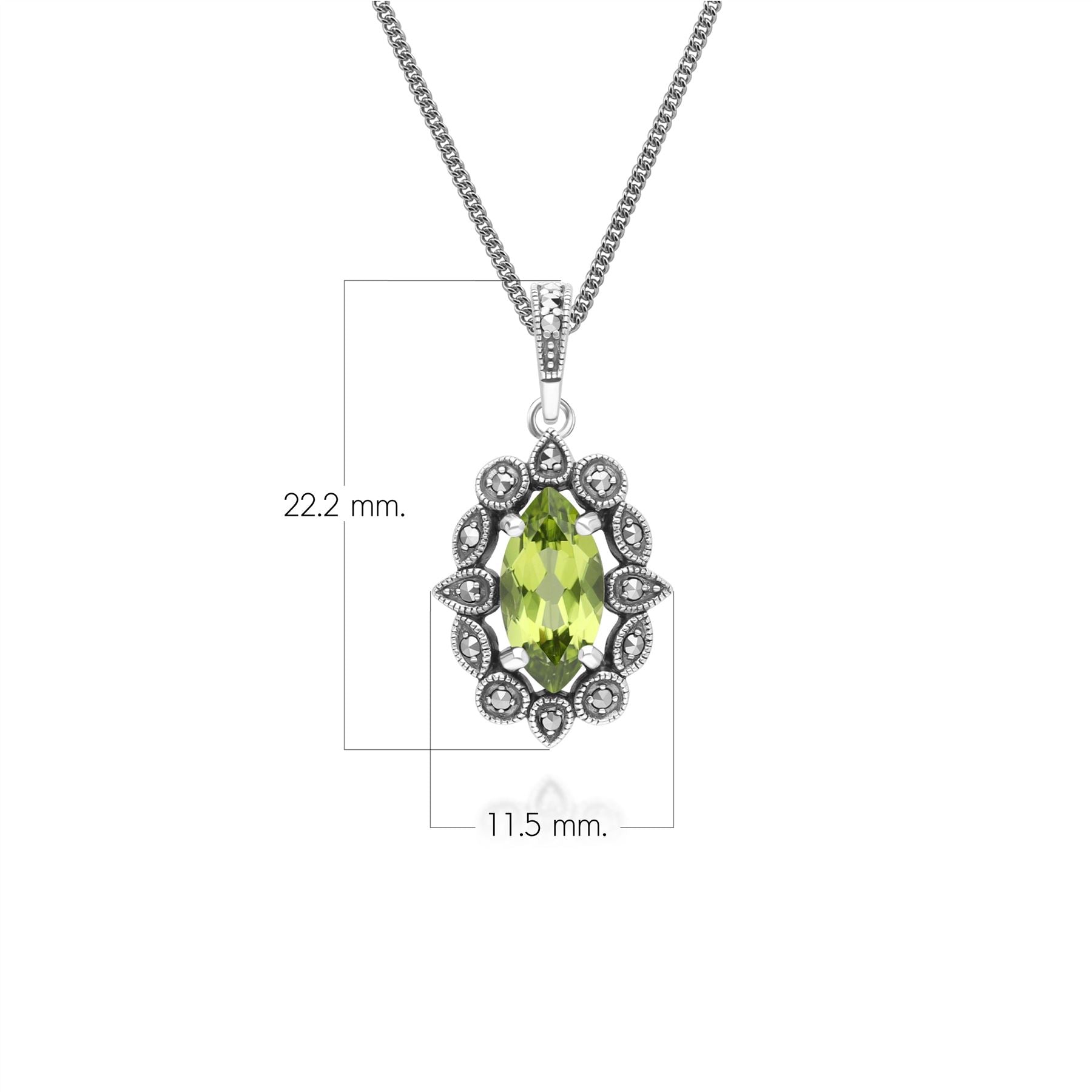 Art Deco Style Marquise Peridot & Marcasite Pendant Necklace in Sterling Silver