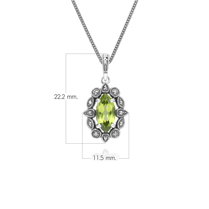Art Deco Style Marquise Peridot & Marcasite Pendant Necklace in Sterling Silver