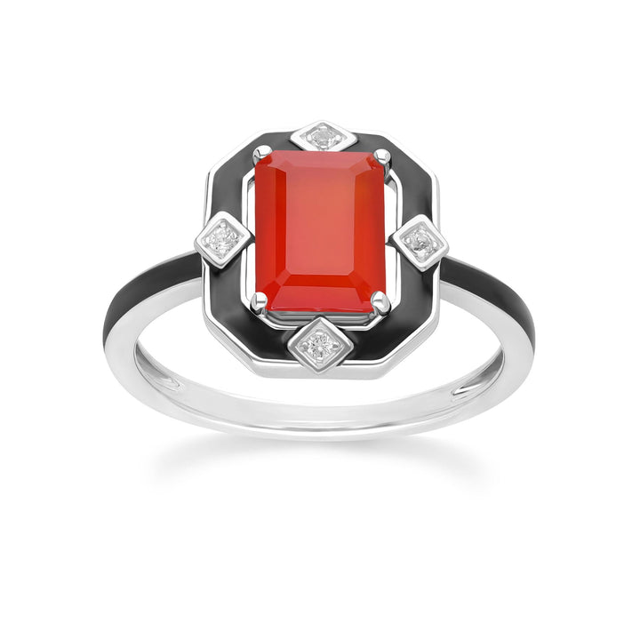 Grand Deco Black Enamel, Carnelian & Topaz Ring in Sterling Silver