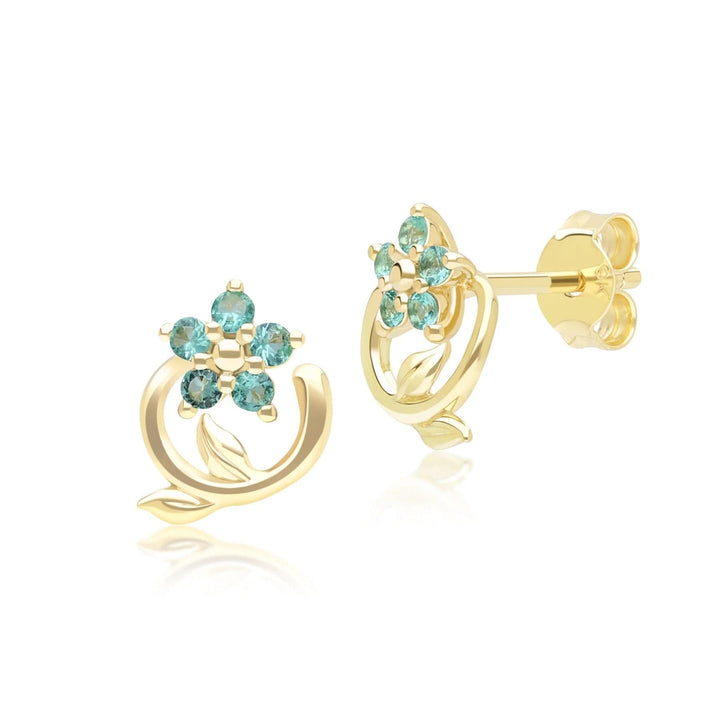 Floral Vine Emerald Stud Earrings in 9ct Yellow Gold