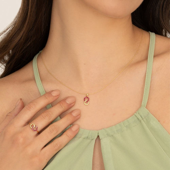 Geometric Hexagon and Round Linked with Prong Set Ruby Ring in 9ct Yellow Gold