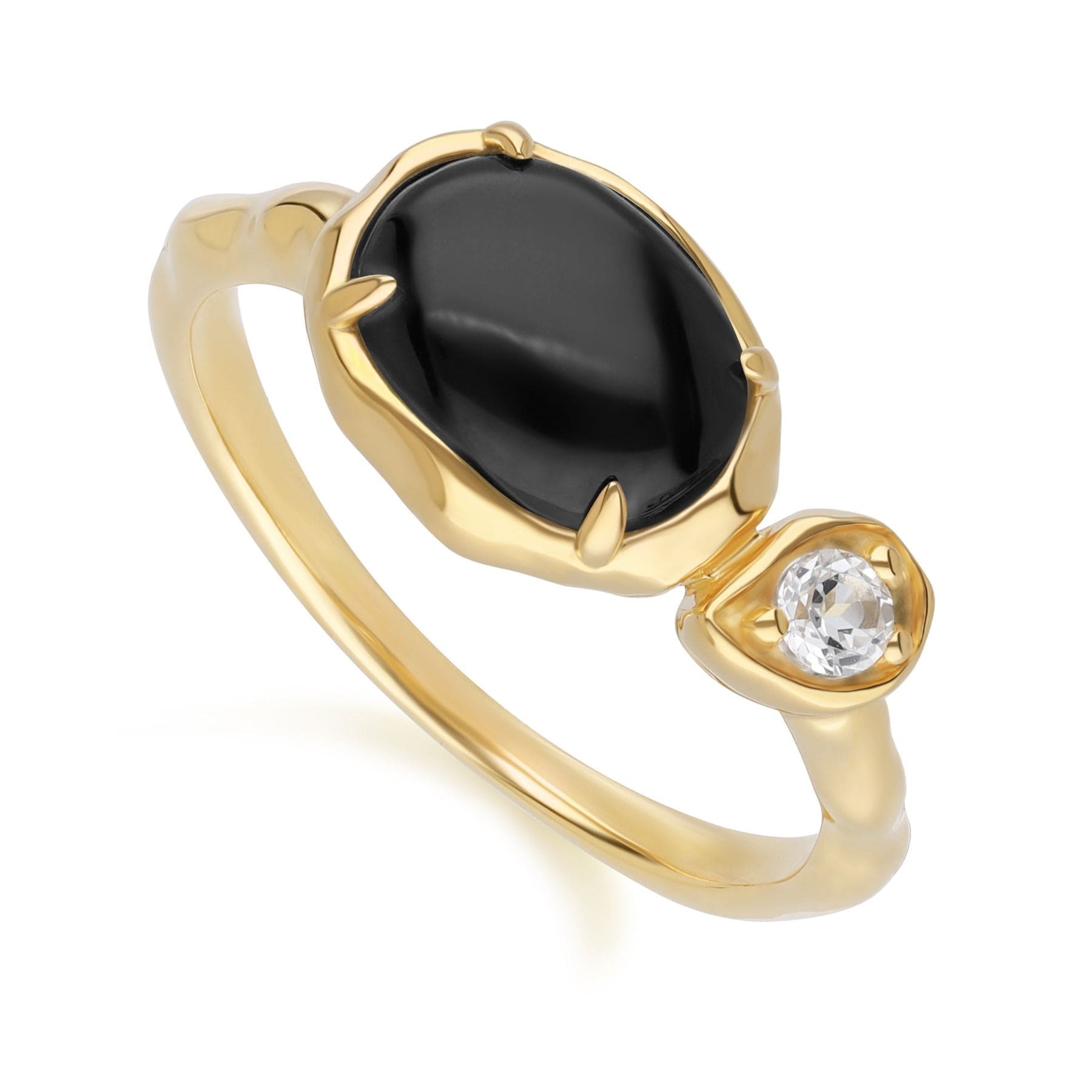 Irregular Oval Black Onyx & White Topaz Ring In 18ct Gold Plated SterlIng Silver