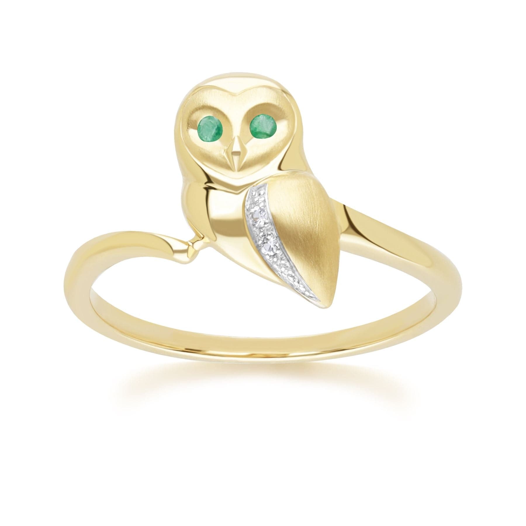 135R2103029 Gardenia Emerald and White Sapphire Owl Ring in 9ct Yellow Gold Front