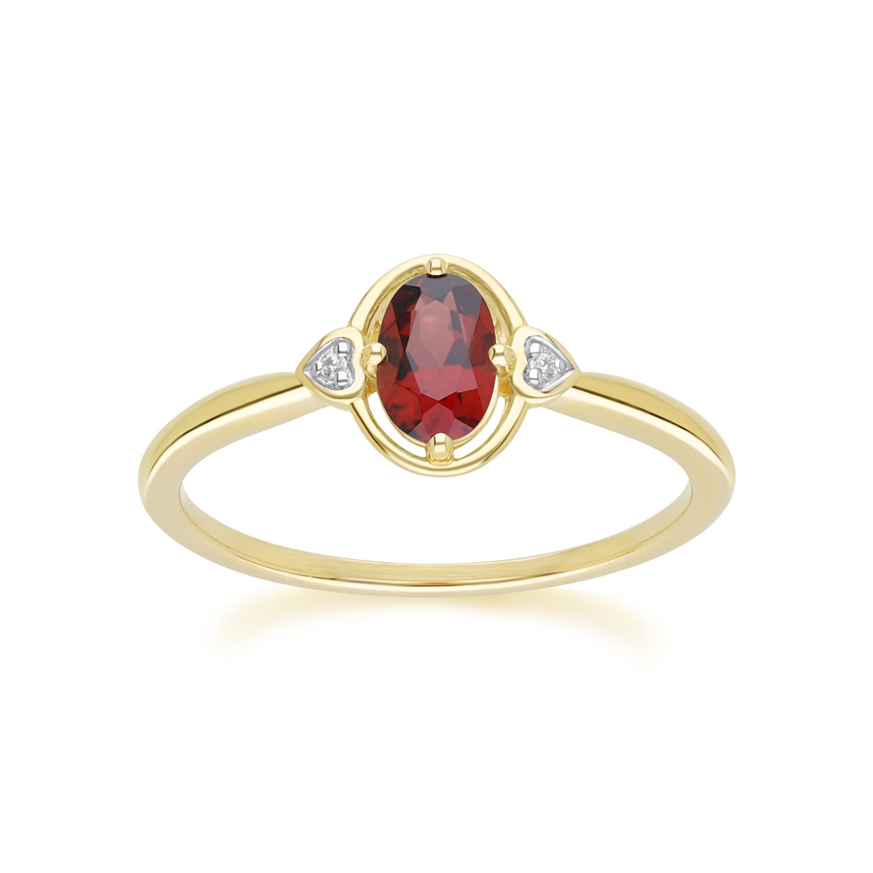 Classic Oval Garnet & Diamond Heart Ring In 9ct Yellow Gold