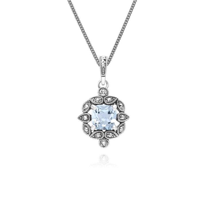 Art Deco Style Cushion Blue Topaz & Marcasite Pendant Necklace in Sterling Silver