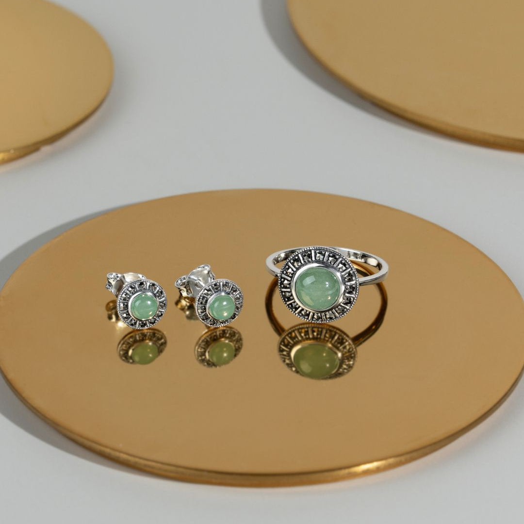 Art Deco Style Round Green Jade & Marcasite Halo Stud Earrings in 925 Sterling Silver