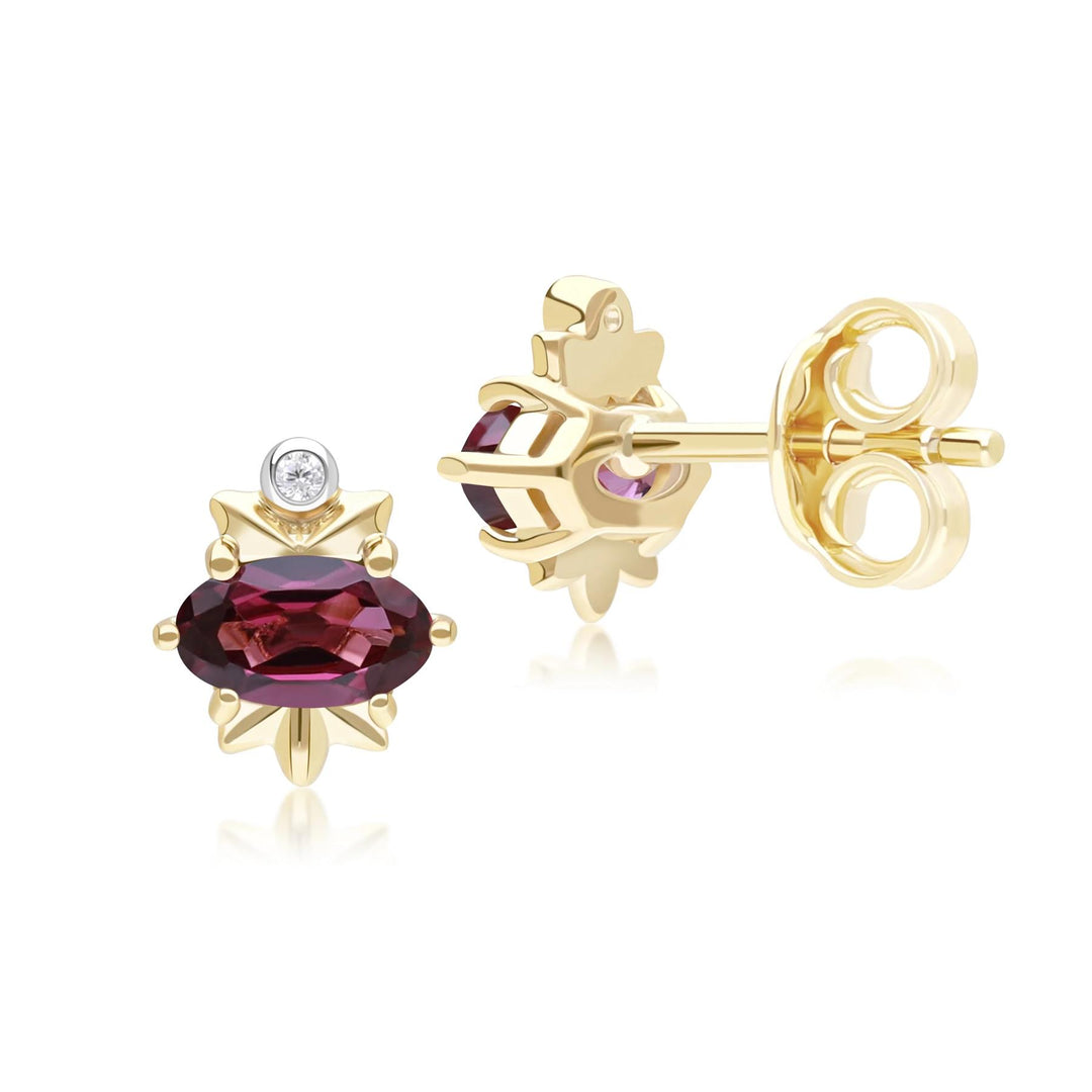 Classic Oval Rhodolite & Diamond Stud Earrings in 9ct Yellow Gold