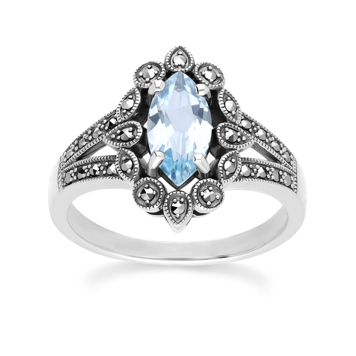 Art Deco Style Marquise Blue Topaz & Marcasite Ring in Sterling Silver