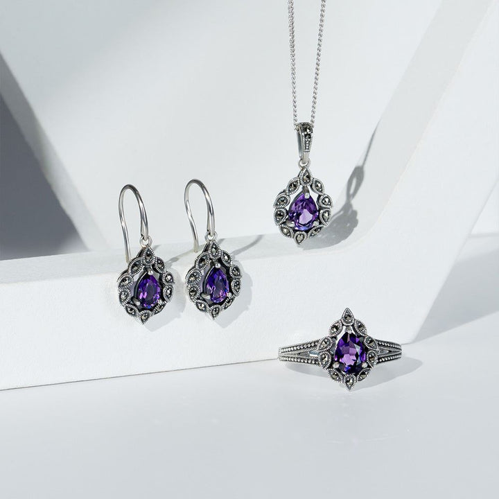 Art Deco Style Pear Amethyst & Marcasite Drop Earrings in Sterling Silver