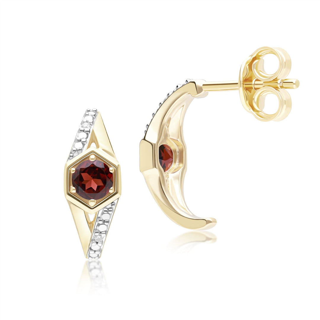 Geometric Hexagon with Prong set Round Garnet and Diamond Half Hoop Earrings in 9ct Yellow Gold