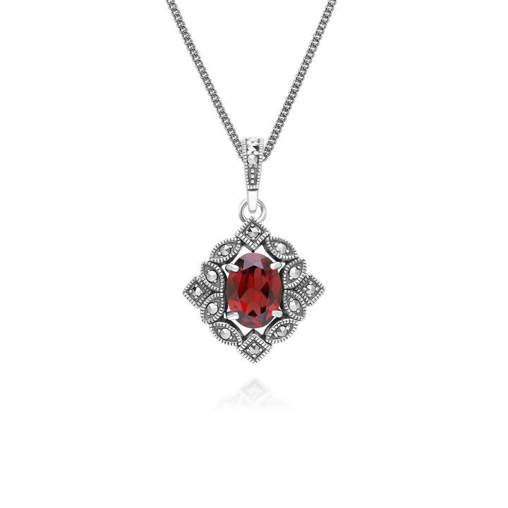 Art Deco Style Oval Garnet & Marcasite Pendant Necklace in Sterling Silver