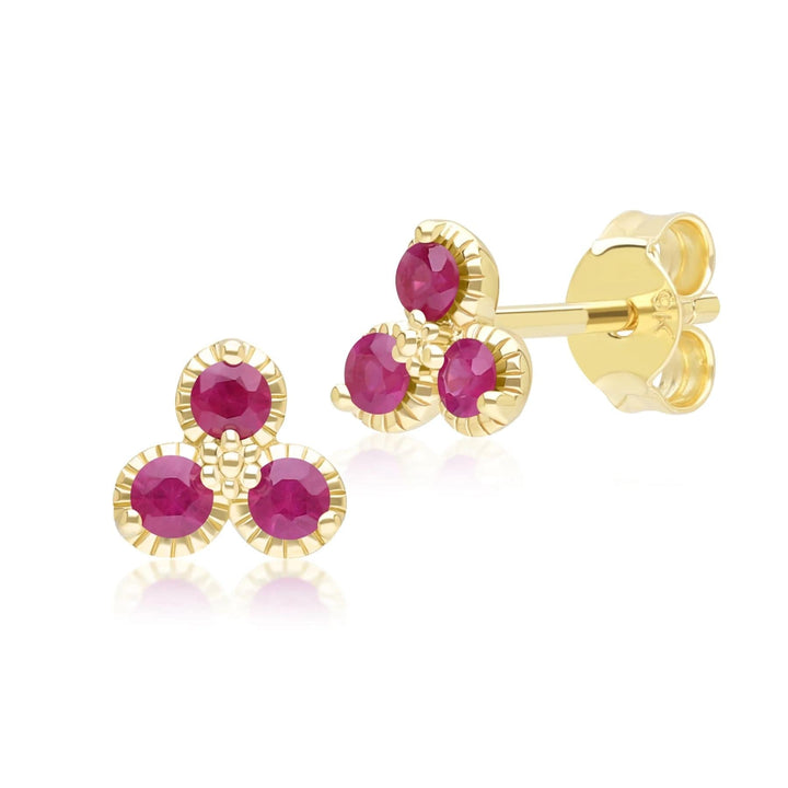Floral Ruby Three Stone Stud Earrings in 9ct Yellow Gold