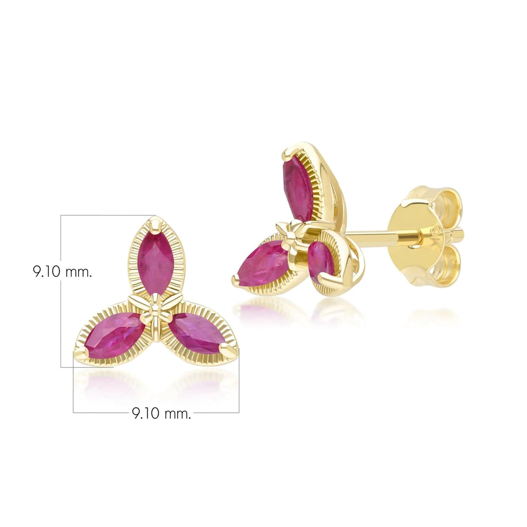 Floral Marquise Ruby Stud Earrings in 9ct Yellow Gold