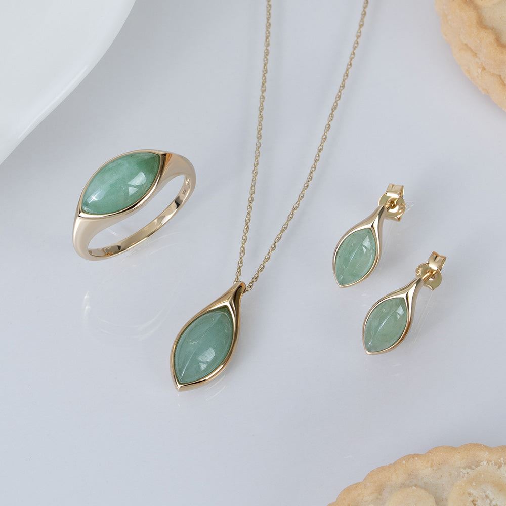 Classic Marquise Green Jadeite Stud Earrings in 9ct Yellow Gold