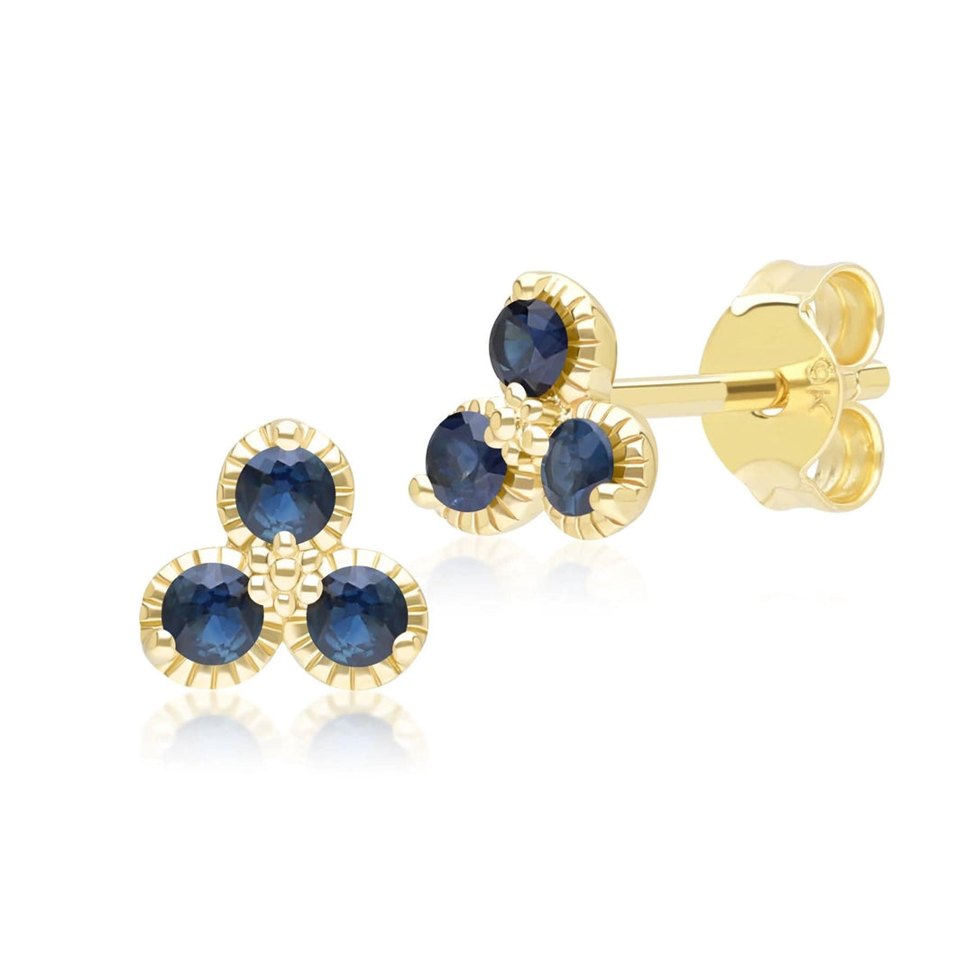 Floral Sapphire Three Stone Stud Earrings in 9ct Yellow Gold