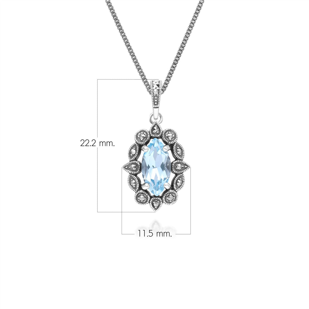 Art Deco Style Marquise Blue Topaz & Marcasite Pendant Necklace in Sterling Silver