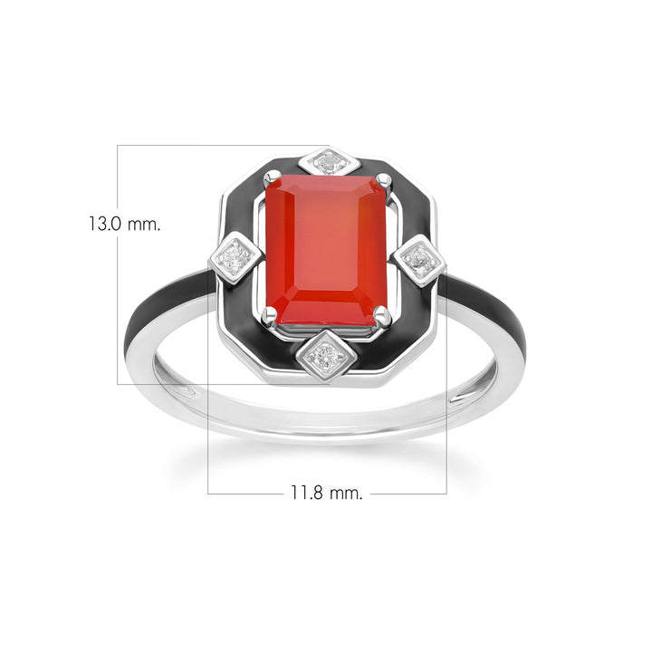 Grand Deco Black Enamel, Carnelian & Topaz Ring in Sterling Silver