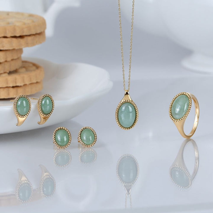 Classic Oval Green Jadeite Drop Stud Earrings in 9ct Yellow Gold