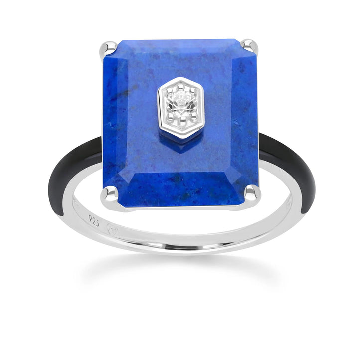 Grand Deco Black Enamel, Lapis Lazuli & Colourless Topaz Ring in Sterling Silver