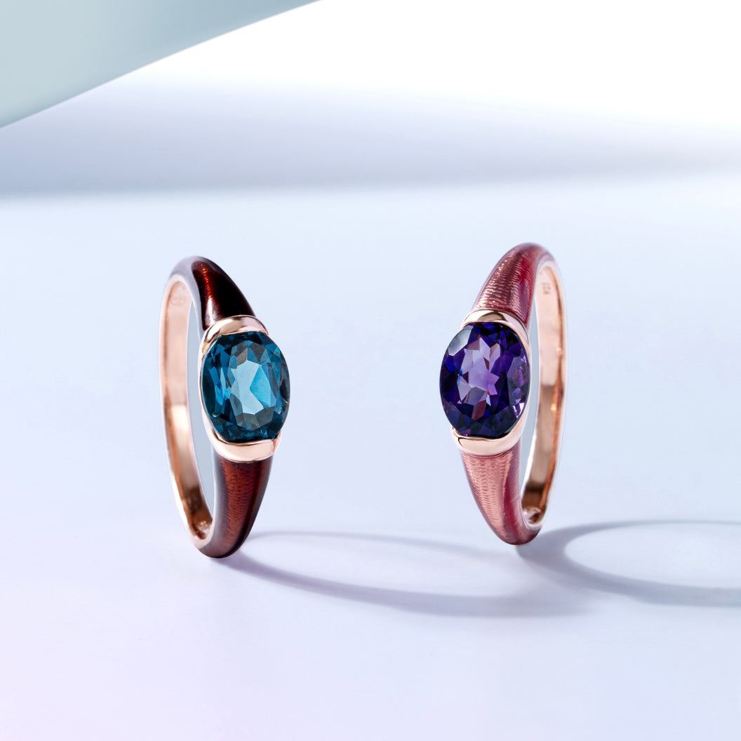 Siberian waltz Oval london blue topaz  with brown enamelled half-bezel ring in rose gold vermeil sterling silver
