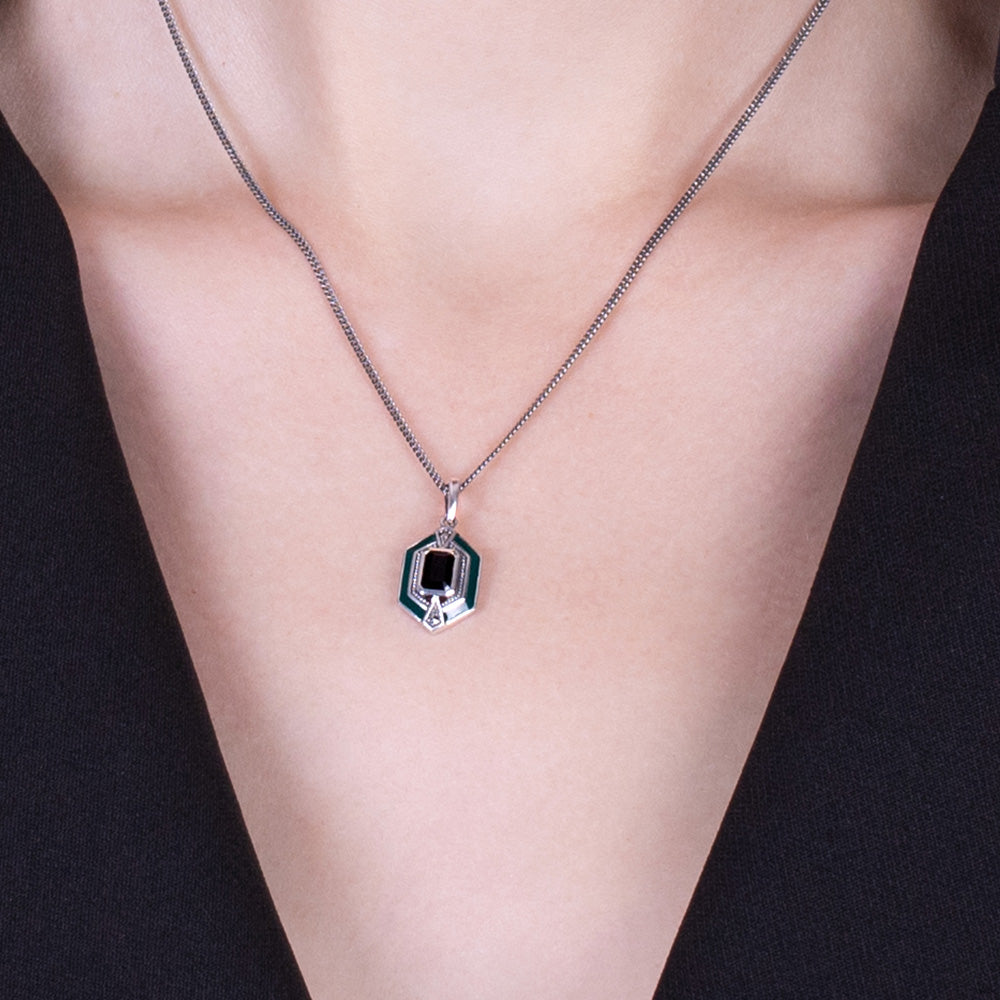 Art Deco Style Octagon Onyx, Marcasite & Enamel Hexagon Pendant in 925 Sterling Silver