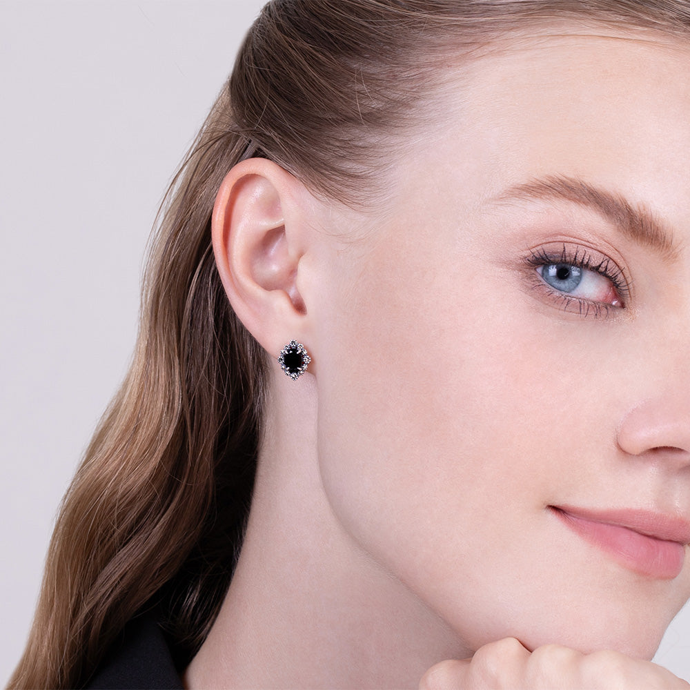 Art Deco Style Oval Black Spinel & Marcasite Stud Earrings in 925 Sterling Silver