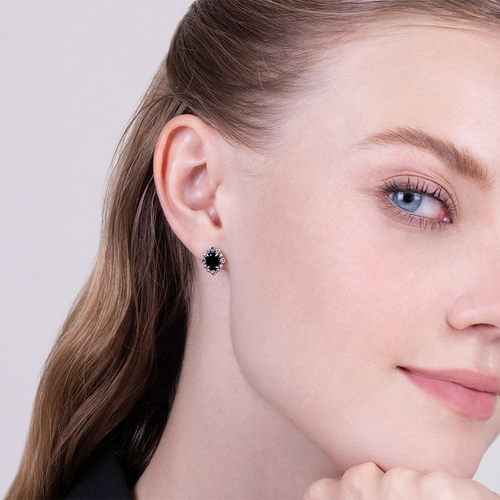 Art Deco Style Oval Black Spinel & Marcasite Stud Earrings in 925 Sterling Silver