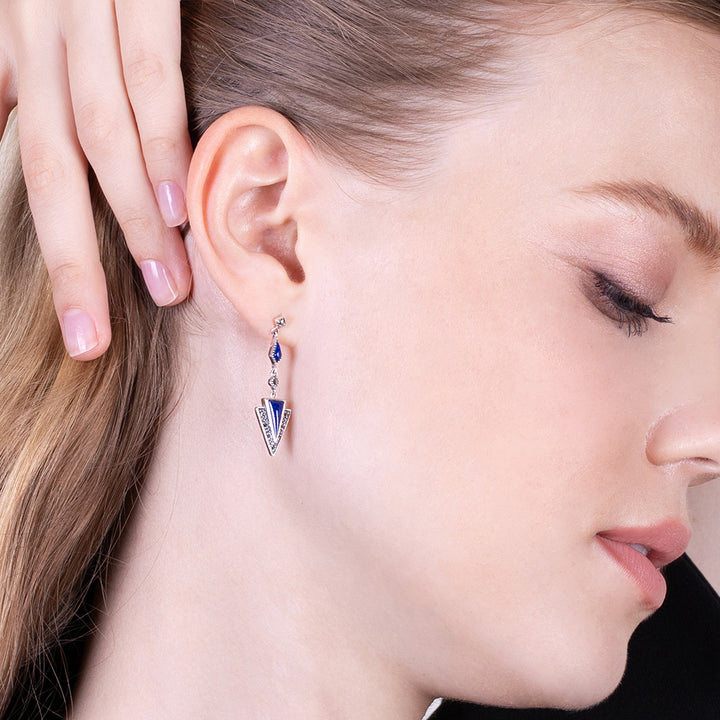 Art Deco Style Triangle Lapis Lazuli & Marcasite Drop Earrings in 925 Sterling Silver