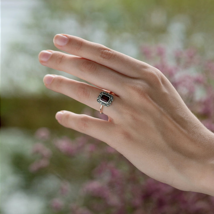 art-nouveau-style-octagon-garnet-marcasite-border-ring-in-925-sterling-silver-214r597107925 on model